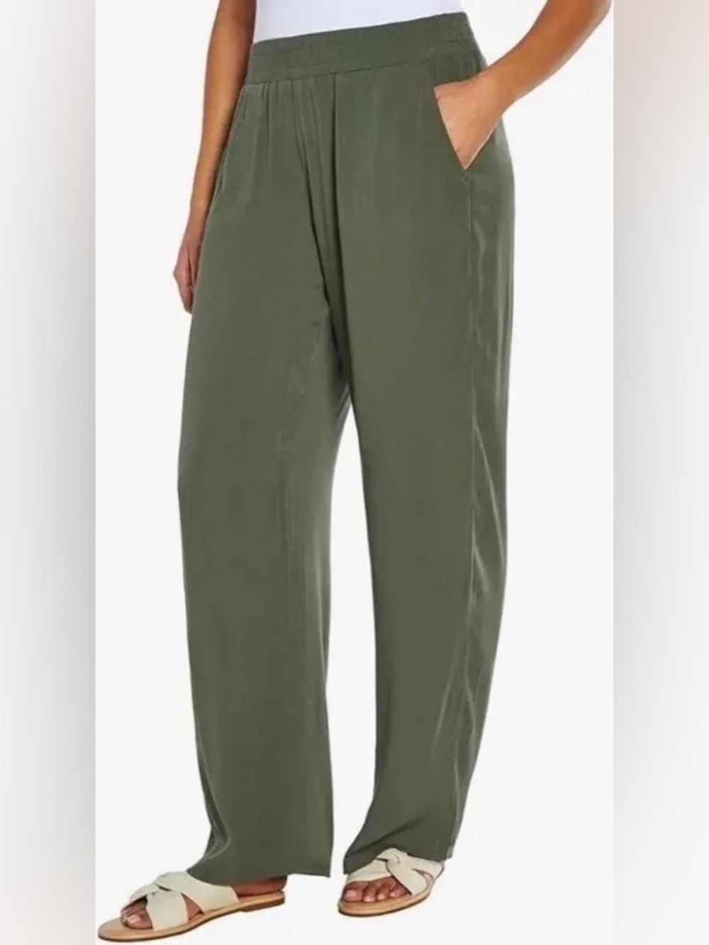 THREE DOTS Olive Green Crinkle Gauze Wide Leg Pants Size S